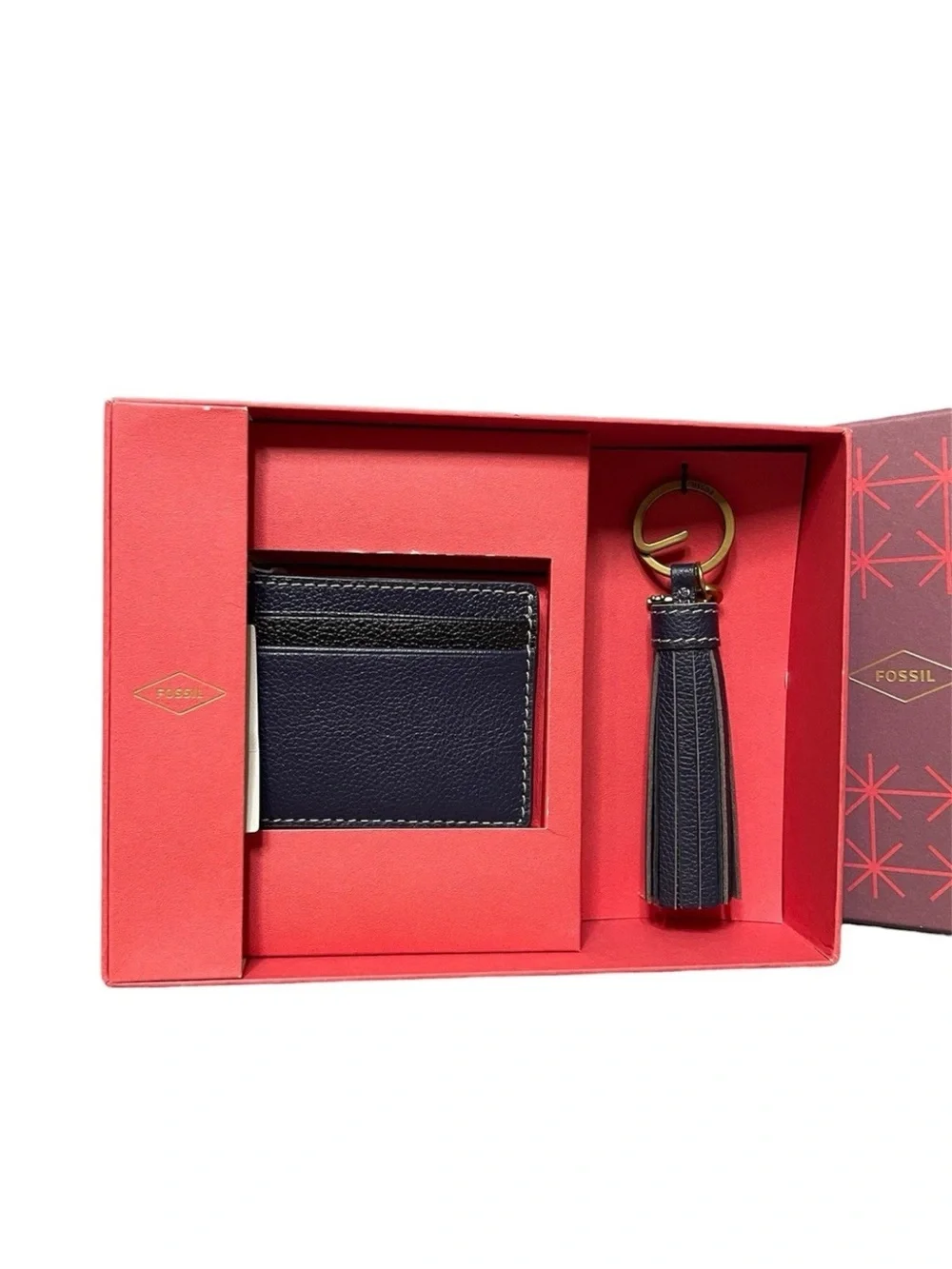 Fossil 2-Piece Card Holder & Tassel Keychain Set Navy & Black Leather $80 New